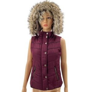 Aeropostale Hooded Vest Wine with Faux Fur Hood Size Small